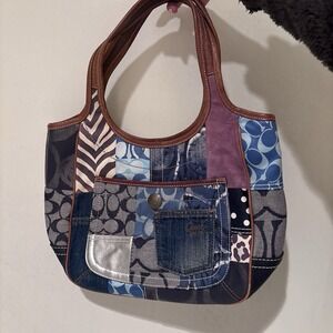 Coach Patchwork Denim Leather Hobo Shoulder Bag Purse Blue Tan Multicolor